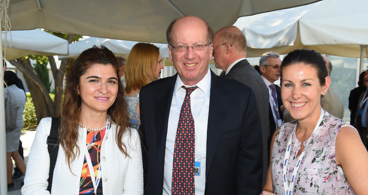 EBRD President, Odile Renaud-Basso talking to alumni at a reception.
