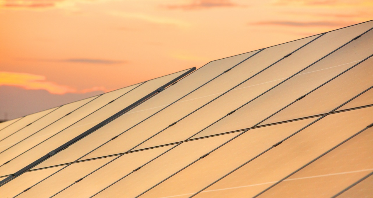 Rows of tilted solar panels reflect the warm orange glow of the sunset.